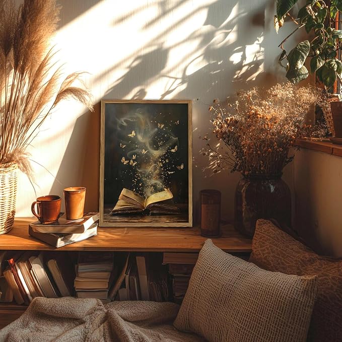 Vintage Book Butterfly Canvas Wall Art, Victorian Bookish Picture Wall Decor, Dark Academia Aesthetic Prints Paintings for Reading Nook Living Room Bedroom Office Library Bookstore 8x10 in Framed