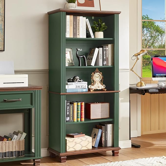 SAVOR LIFE 70" Tall Green Bookshelf,5 Tier Wooden Book Shelf with Adjustable Shelves & Wood Legs,Free Standing Farmhouse Bookcase with Open Display Storage,Vintage Bookshelves for Library, 2PCS