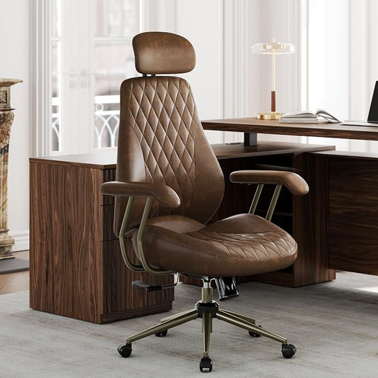 High Back Office Chair with Lumbar Support - Ergonomic Executive Desk Chair, Adjustable Swivel Computer Chair in Premium Faux Leather for Home Office Comfort, Brown