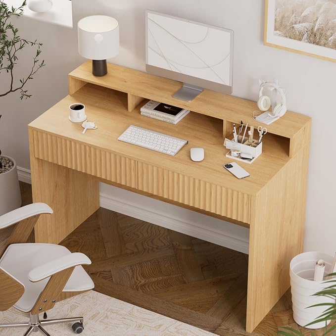 EYYTHUNG 47" Fluted Office Desk with Storage Shelf, Modern Wood Executive Desk with Long Monitor Stand & 2 Drawers, Home Writing Study Computer Table Vanity Desk, Natural Oak