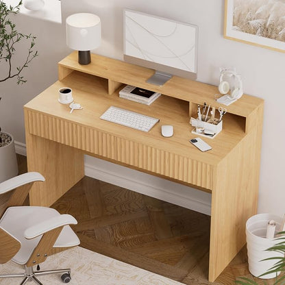 EYYTHUNG 47" Fluted Office Desk with Storage Shelf, Modern Wood Executive Desk with Long Monitor Stand & 2 Drawers, Home Writing Study Computer Table Vanity Desk, Natural Oak