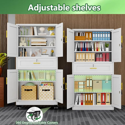 Metal Storage Cabinet with Wheels, 71" Tall Locking Storage Cabinet with 3 Adjustable Shelves, Locking Garage Cabinet, Steel Locker Organizer, for Office, Home, School, White