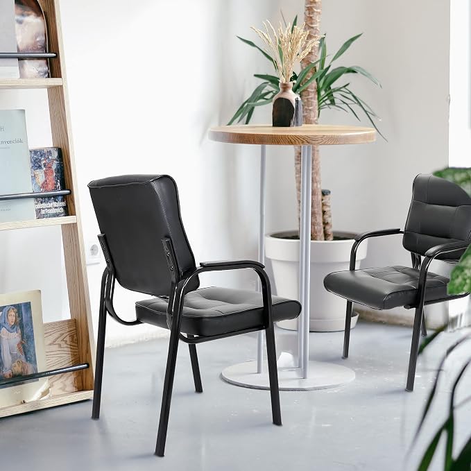 ZenStyle Set of 2 Office Reception Guest Chair No Wheels, Executive Side Chair with Bonded Leather and Black Metal Frame for Waiting Room, Conference Room, Reception Meeting, Lobby