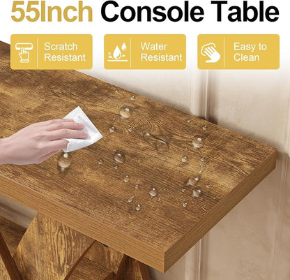 55 inch Sofa Table Behind Couch, 3-Tier Narrow Entryway Table with Storage, Wood Grain X-Shaped Console Tables for Living Room, Hallway, Foyer, Home Office