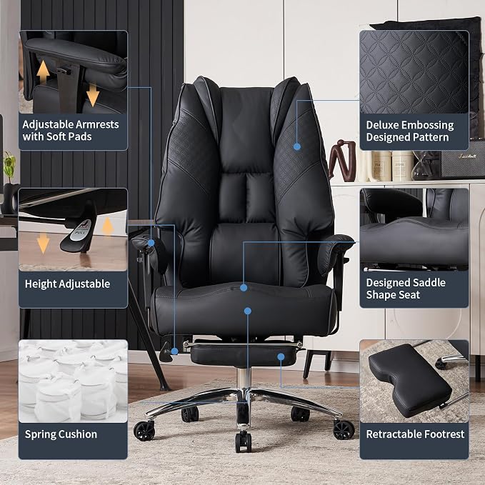 EXCEBET Big and Tall Office Chair 400lbs Wide Seat, Leather High Back Executive Office Chair with Foot Rest, Ergonomic Chairs Lumbar Support for Lower Back Pain Relief (Black)