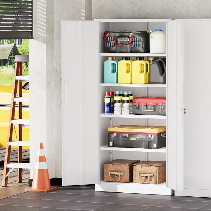 INTERGREAT Metal Storage Cabinet with Lock, 72" Office Storage Cabinet with Locking Doors and 4 Adjustable Shelves, White Lockable Steel Cabinet for Home Office, School