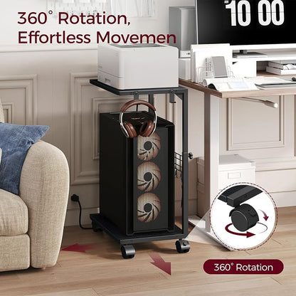 PC Stand, Height Adjustable Computer Tower Stand, 19.7"-31.5" H, Computer Cart with Charging Station, Wheels and Hooks, CPU Holder for Floor, Carpet and Under Desk, Easy Assembly, Black