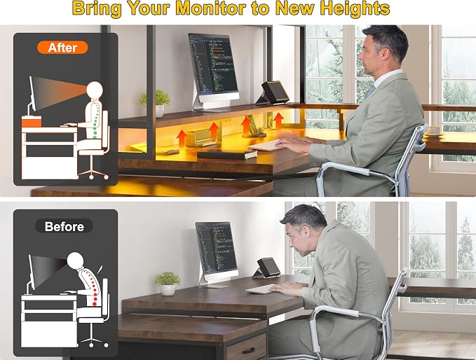 EnHomee 64 x 60 Inch Reversible L Shaped Gaming Desk with Shelves, 3 Drawers, Power Outlet & LED Lights, Two Person Corner Computer Desk with Monitor Stand for Home Office, Bedroom, Gaming Room