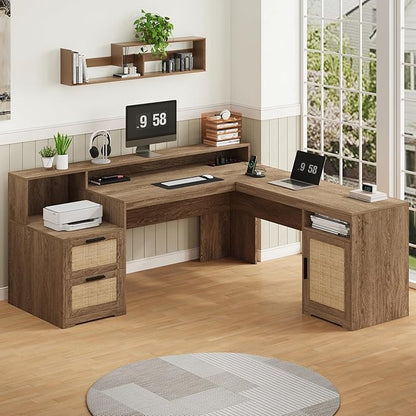 YOMILUVE 63" Farmhouse L Shaped Executive Desk with Drawers & Storage Shelf, Corner Rattan Computer Desk with Power Outlets, L Shaped Office Desk with Monitor Stand, Printer Shelf