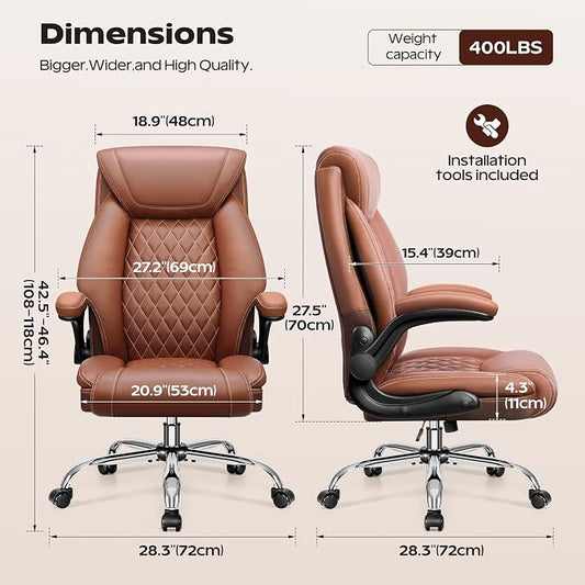 Office Chair, Ergonomic High Back Home Office Desk Chair, Big and Tall Breathable Leather Office Chair with Lumbar Support Flip-Up Armrests, Computer Chair with Rocking Function