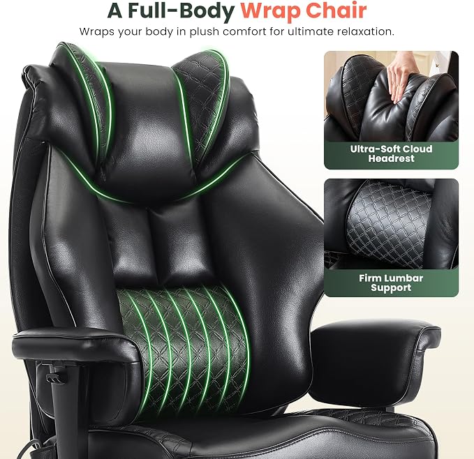 500lbs Big and Tall Office Chair Adjustable Lumbar Support, Extra Wide Seat Ergonomic Gaming Chair with Footrest, Heavy Duty High Back Executive Leather Computer Desk Chair