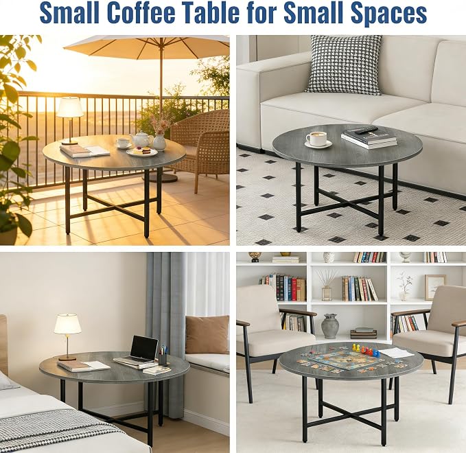 FAMIDGE Coffee Table, 23.6" Coffee Tables for Living Room, Round Coffee Table with Metal Frame, Floor Table for Sitting on The Floor, Home, Office, Elegant Gray