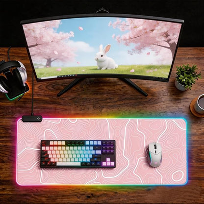 Pink RGB Mouse Pad LED Desk Mat Large Gaming Mousepad Pink and White Line Design, Keyboard Pad XL Mouse Mat for Home and Office