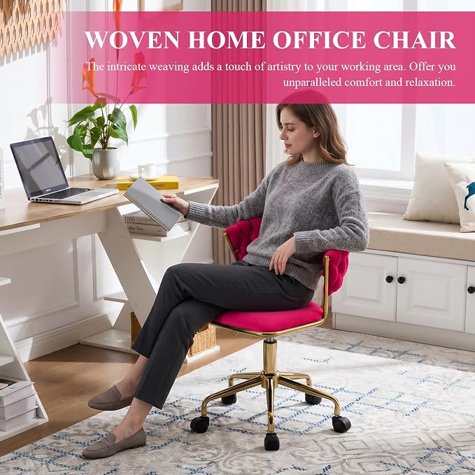 NIOIIKIT Home Office Chair, Velvet Upholstered Task Chair with Woven Open Back, 360° Swivel Desk Chair with Wheels, Adjustable Vanity Chair, Computer Chair for Office, Studio (Rose Red)