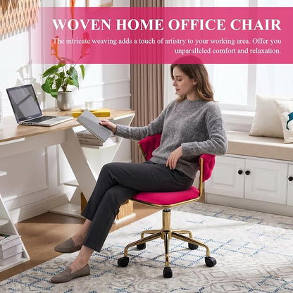 NIOIIKIT Home Office Chair, Velvet Upholstered Task Chair with Woven Open Back, 360° Swivel Desk Chair with Wheels, Adjustable Vanity Chair, Computer Chair for Office, Studio (Rose Red)