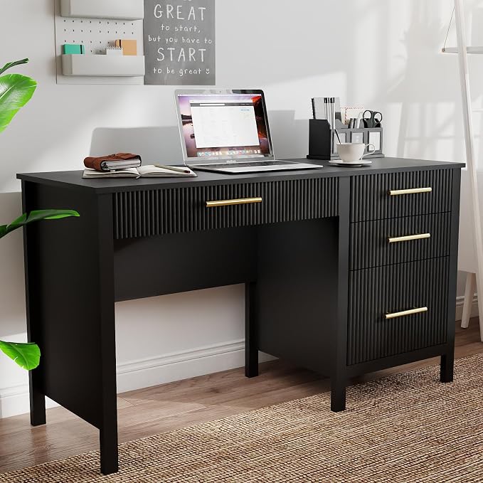 Fluted Executive Desk with Drawers: 54" Black Home Office Desks with File Drawers, Modern Computer Desk with Gold Handles, Writing Table for Study, Living Room (Black, 54")