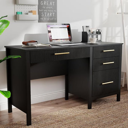 Fluted Executive Desk with Drawers: 54" Black Home Office Desks with File Drawers, Modern Computer Desk with Gold Handles, Writing Table for Study, Living Room (Black, 54")