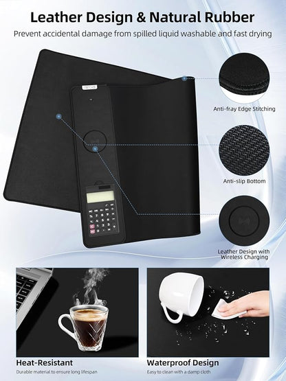 Mouse Pad 31.5x15.75 Inch with Calculator, 15W Magnetic Wireless Charging Desk Mat, XXL Desk Pad, Home Office Large Keyboard Pad with Ultra-Smooth Surface, Non-Slip Base (Black)