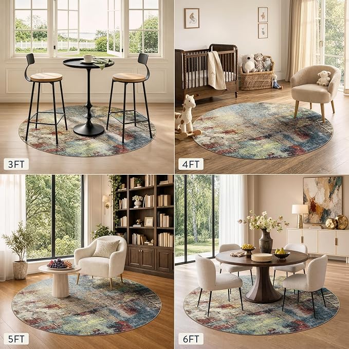 Lahome Modern Abstract Round Rug - 3Ft Small Red Washable Kitchen Round Area Rug Bedroom Circle Mat, Soft Low Pile Non Slip Indoor Throw Carpet for Cabinet Bathroom Living Room Office
