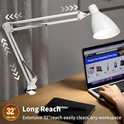 Swing Arm Desk Lamp with Clamp, Adjustable Arm LED Clamp on Desk Lamps with 5 Color Modes and 10 Brightness for Home Office Reading Drafting Study (White)