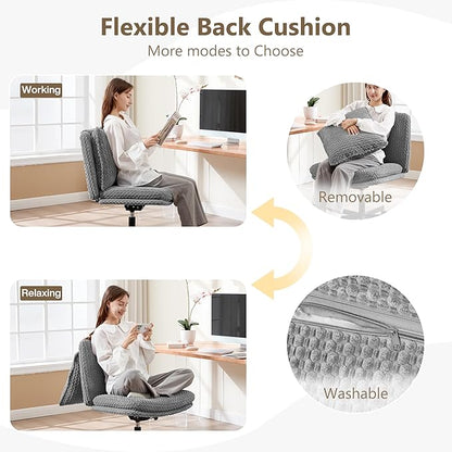 Fizzin Criss Cross Chair,Armless Cross Legged Chair with Wheels,Memory Foam Seat Office Desk Chair with Flipable Back Cushion,Mid Back Swivel Chair for Home Office,Bedroom Vanity (Grey)