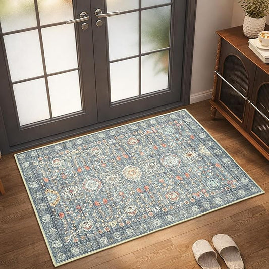 Goideal Washable Rug 2x3, Vintage Area Rugs Non Slip, Indoor Low Pile Carpet with Rubber Backing for Kitchen Bathroom Entryway Office Bedroom,Grey & Rust