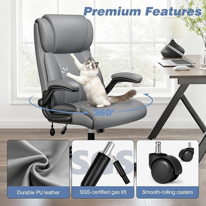 BESTFAIR Ergonomic Office Chair - Desk Computer Chair, Leather High Back Executive Chairs with Adjustable Lumbar Support & Flip Up Arms, Gray 4 Pack