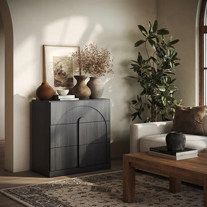 BELLEZE 31.5" Kitchen Storage Cabinet with 3 Drawers,Freestanding Accent Cabinet with Arched Design & Wood Handles,Modern Credenza for Living Room,Dining Room,Entryway - Ebony