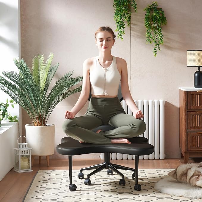 Pinmoco Ergonomic Cross Legged Chair, 360° Swivel Meditation Chair with Wheels, Height Adjustable Seat for ADHD, Strong Lumbar Support, Chic Home Office Furniture, PU Leather, Black