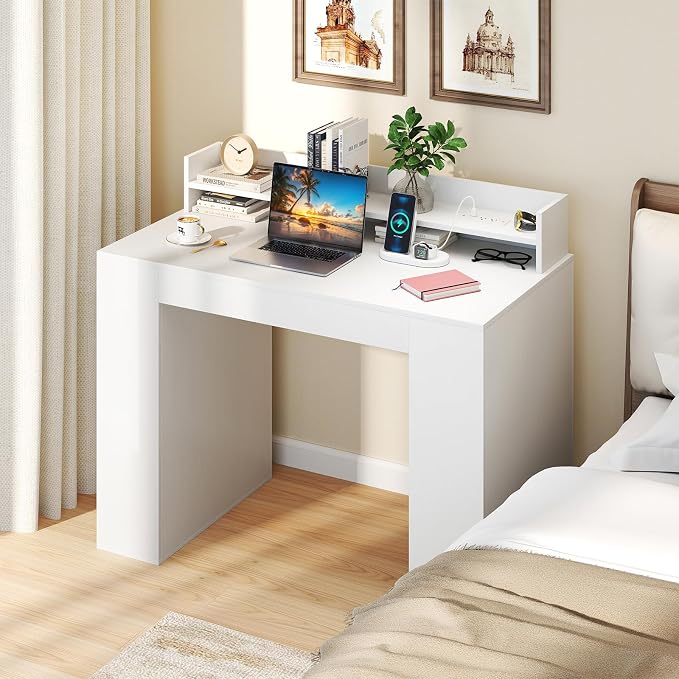 GOFLAME Computer Desk, 43” Home Office Desk with Power Outlets, Monitor Shelf, Bookshelf & Cable Hole, Modern Study Writing Desk, PC Workstation for Living Room Bedroom, White