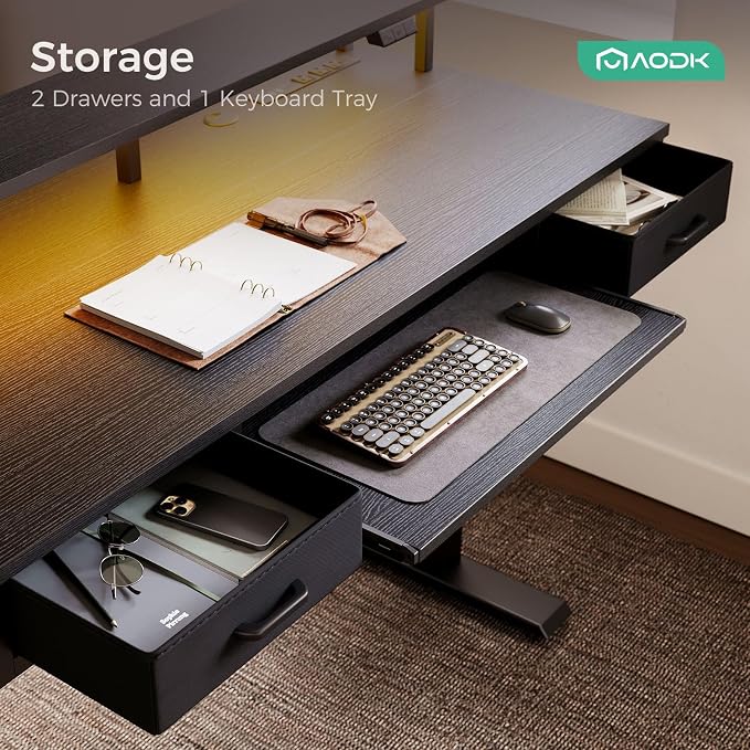 AODK Electric Standing Desk with Drawers & Keyboard Tray, 55 Inch Height Adjustable Desk with Power Outlets & LED Lights, Sit Stand Table with Monitor Stand for Home, Office, Black