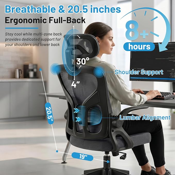 Office Chair Ergonomic Desk Chair with Adjustable Headrest Lumbar Support, High Back Breathable Mesh Chair with 120° Tilt & Flip-Up Armrests, Swivel Comfy Task Computer Chair for Work, Study