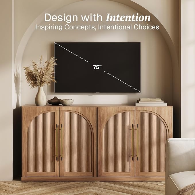 BELLEZE 65" Kitchen Storage Cabinet with Adjustable Shelves,Freestanding Accent Cabinet with Fluted Arched Design & Gold Handles,Modern Credenza for Living Room,Dining Room,Entryway - Camel