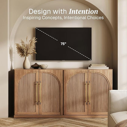 BELLEZE 65" Kitchen Storage Cabinet with Adjustable Shelves,Freestanding Accent Cabinet with Fluted Arched Design & Gold Handles,Modern Credenza for Living Room,Dining Room,Entryway - Camel