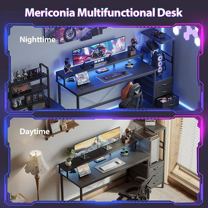 Mericonia 52 inch Gaming Desk with LED Lights & Power Outlets, Reversible Computer Desk with Storage Drawers & Monitor Stand, Large Gaming Table for Home Office