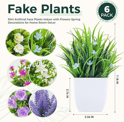 Der Rose 6 Pack Fake Plants Small Artificial Potted Faux Plants with Flowers for Home Bathroom Living Room Office Decor Indoor