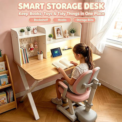 Lightdot 44"×24" White Computer Desk with Motion Sensor Light, Home Office Gaming Desk with Charging Station Pegboard, Modern Study Desk for Work Bedroom Game Kids Room Living Room