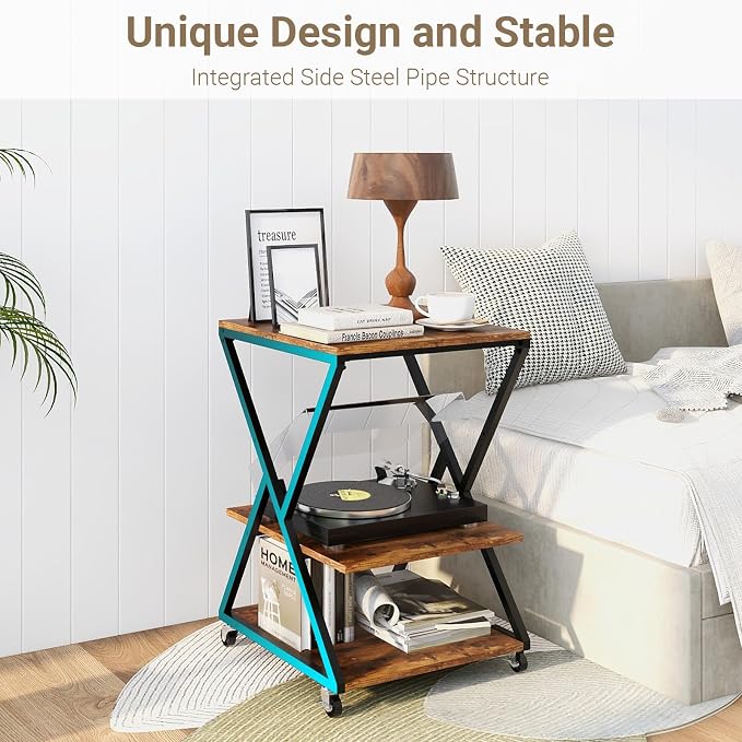 Natwind 3 Tier Printer Stand, 19.7''x19.7'' Large Printer Table with Height Adjustable Shelf, Rolling Printer Cart with Wheels,Multifunctional Organizer Shelf for Home Office Kitchen（Retro）