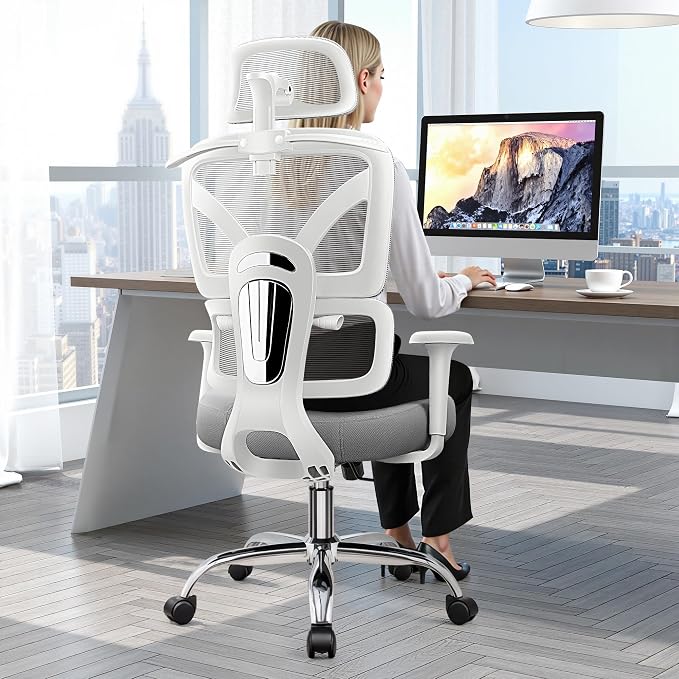 Ergonomic Office Desk Chair, High Back Mesh Office Chair with Adjustable Lumbar Support, 3D Headrest, Big and Tall Home Computer Desk Chairs Comfy for Work, Gaming, 300lbs, (Gray, 4 Pack)