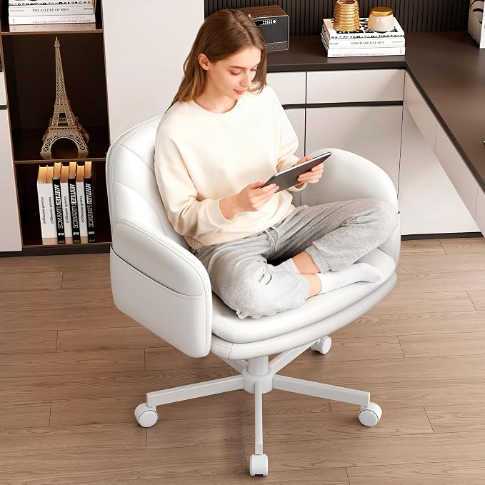 Vonesse Criss Cross Office Chair with Wheels & Armrests, Height Adjustable Vanity Chair, Makeup Chairs with Side Pockets Design, Comfortable Computer Desk Chairs for Home (PU Leather,White)