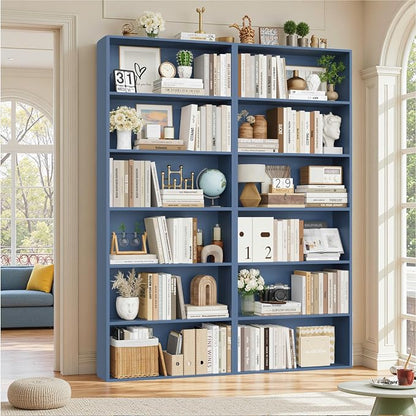 FOTOSOK 6-Tier Open Bookcase and Bookshelf, Freestanding Display Storage Shelves Tall Bookcase for Bedroom, Living Room and Office,Blue Set of 2