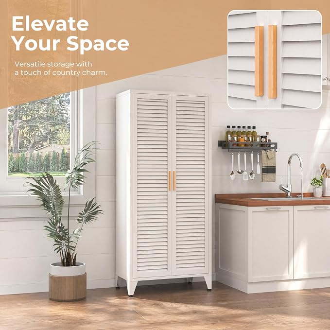kastfh White Metal Storage Cabinet with Doors and 3 Adjustable Shelves, 61" Tall 4-Tier Pantry Storage Cabinet for the Kitchen, Living Room, Bedroom, Home, Bathroom and Office
