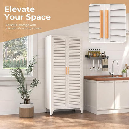 kastfh White Metal Storage Cabinet with Doors and 3 Adjustable Shelves, 61" Tall 4-Tier Pantry Storage Cabinet for the Kitchen, Living Room, Bedroom, Home, Bathroom and Office