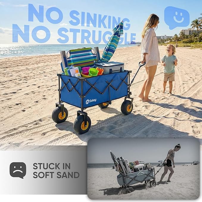 Sekey Heavy Duty Beach Wagon with 9" Big Sand-Proof Wheels – 600lb Capacity, 200L Oversized Foldable Cart | Adjustable Handle & All-Terrain Tires for Sand, Camping, Groceries