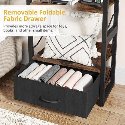 Hosfais Small Bookshelf with Drawer: 4-Tier Wood Book Shelf Industrial Narrow Bookcase Storage Organizer Metal Stackable Shelves for Desktop Bedroom Living Room Home Office (Rustic Brown)
