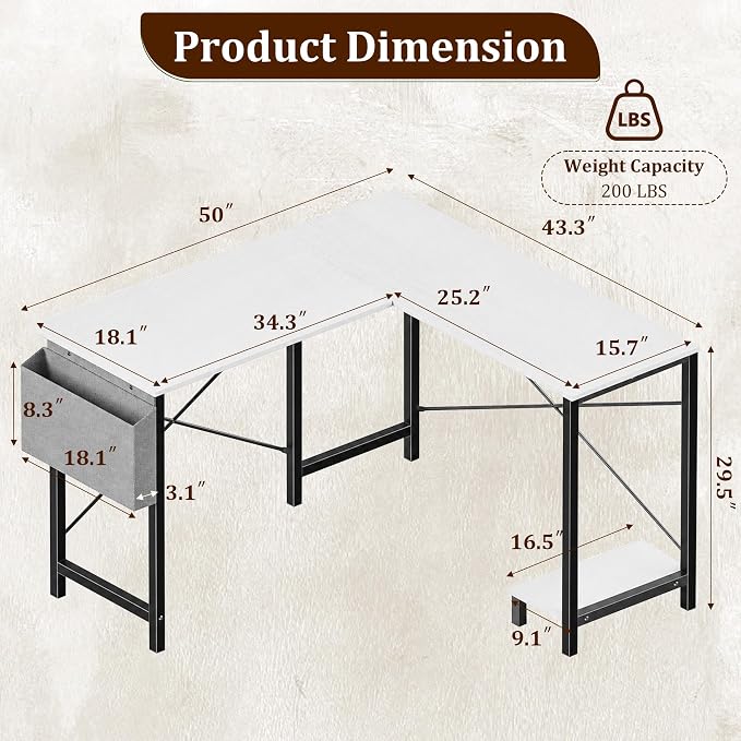 Alpen L Shaped Gaming Desk, Small Computer Desk, 50 Inch Wide Corner Desk, Work from Home Desk, Study Table for Bedrooms, PC Writing Table with Storage and Reversible Shelf, White