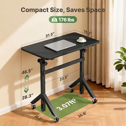 Marsail Mobile Stand Up Desk with Wheels, Adjustable Height Desk from 28.3″ to 46.5″, Rolling Standing Desk with Lockable Wheels, Portable Small Desk for Walking Pad and Treadmill, Black