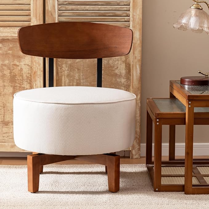 Swivel Accent Chair Living Room with Back, upholstered Wood Chair for Bedroom Office, mid Century Modern Linen Cream