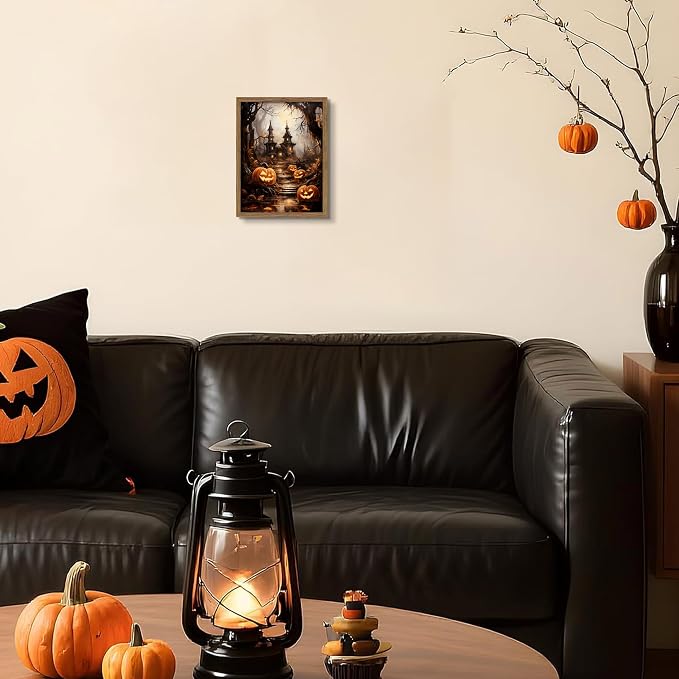 Framed Vintage Halloween Wall Art - Spooky Haunted House Canvas Print, Gothic Halloween Wall Decor, Fall Pumpkin Picture Painting for Living Room Bedroom Home, 8x10in Wood Frame