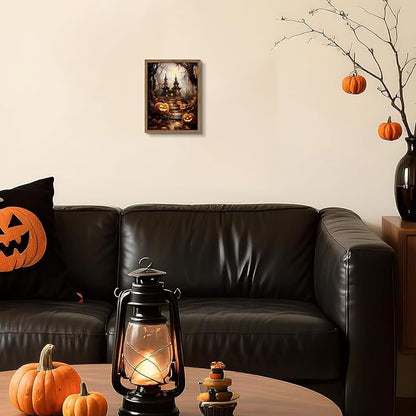 Framed Vintage Halloween Wall Art - Spooky Haunted House Canvas Print, Gothic Halloween Wall Decor, Fall Pumpkin Picture Painting for Living Room Bedroom Home, 8x10in Wood Frame